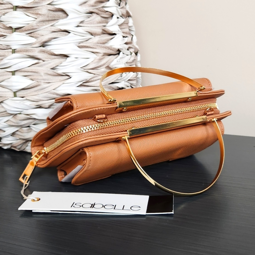 ISABELLE | CAMEL COLORED with GOLD ACCENTS, CLUTCH WITH CROSSBODY STRAP